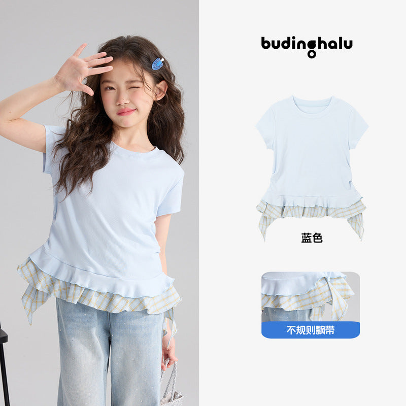 Pudding Haru Kids’ Summer Fake Two-Piece Plaid Tee – Summer Kids Fashion Nepal | Tudoholic