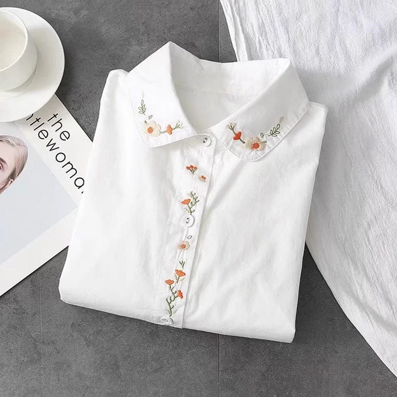 Retro Embroidered Cotton Long-Sleeve Shirt for Women