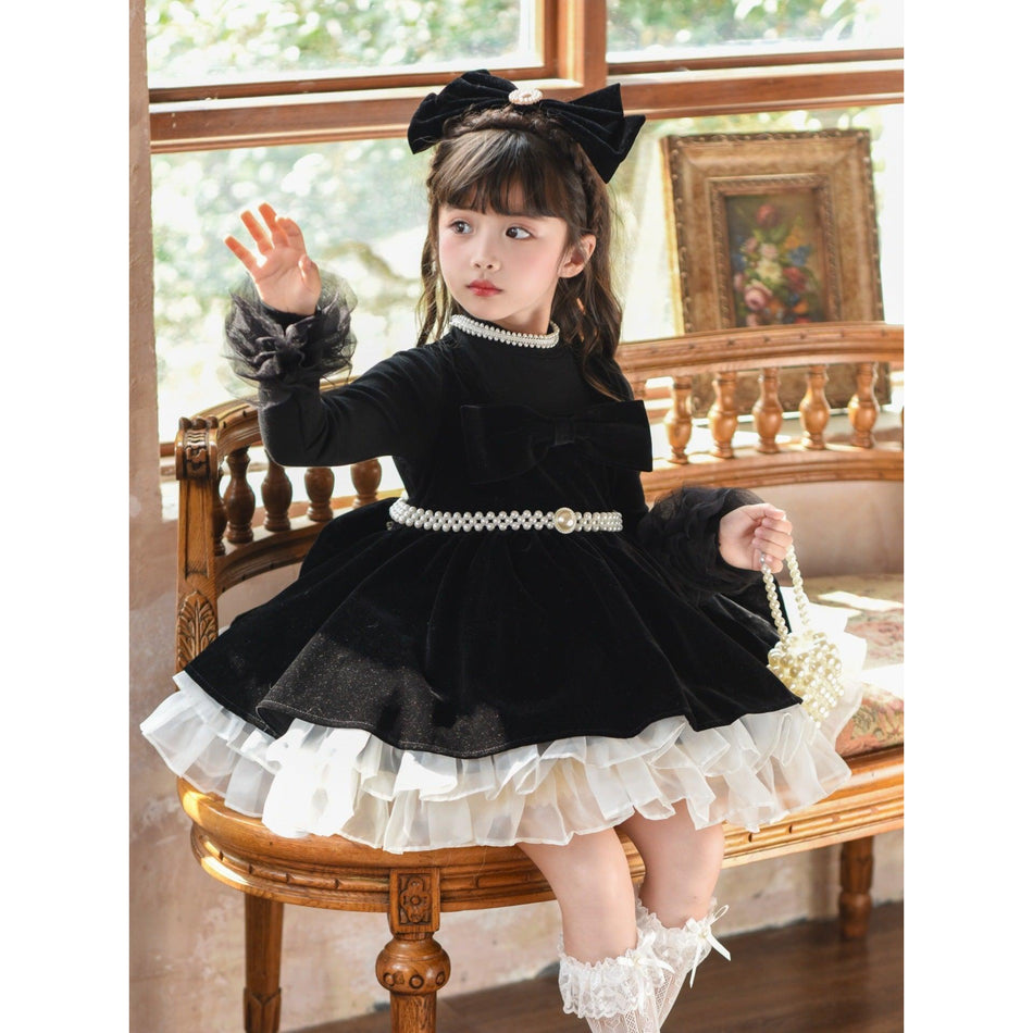 Girls Velvet Princess Hepburn Style Autumn Winter Dress