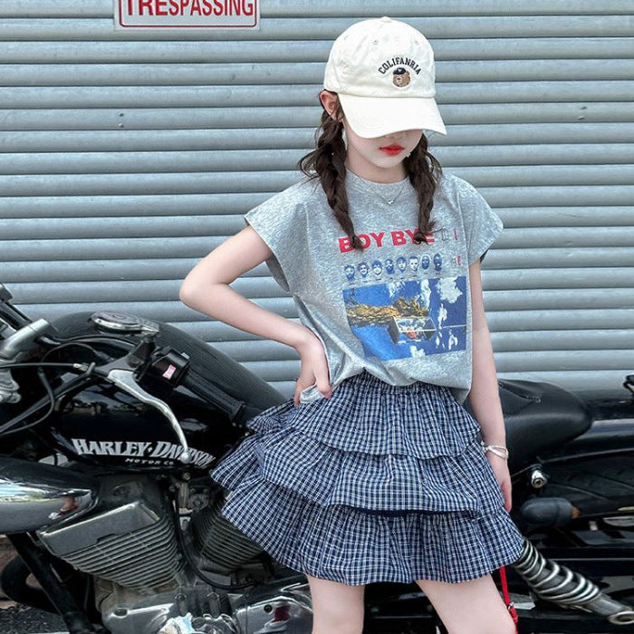Girls Korean Letter Plaid Skirt Summer Set – Baby & Children's Outfits – Image 7