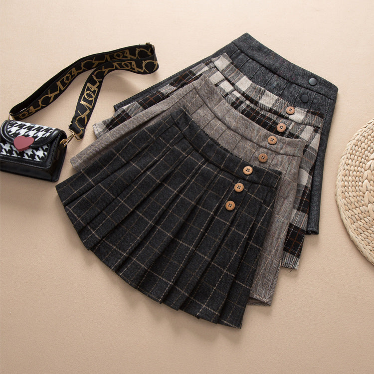 Girls Woolen JK Pleated Plaid Skirt Autumn Winter