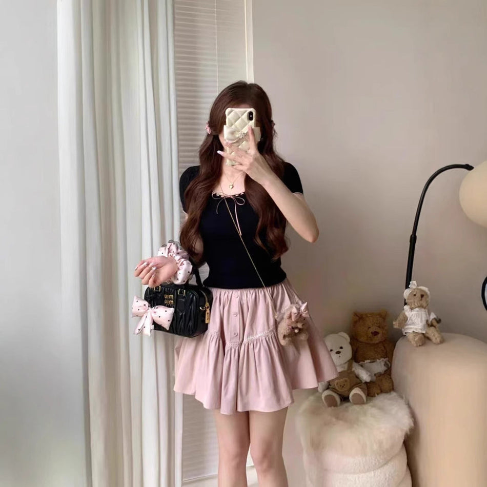 KANING Korean Style Square Collar Bow Top