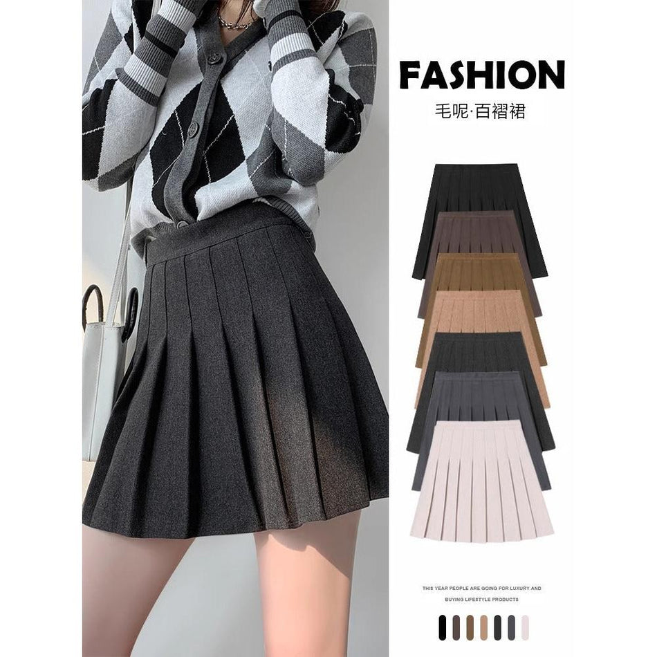 Black Woolen High Waist Pleated A Line Skirt Women JK