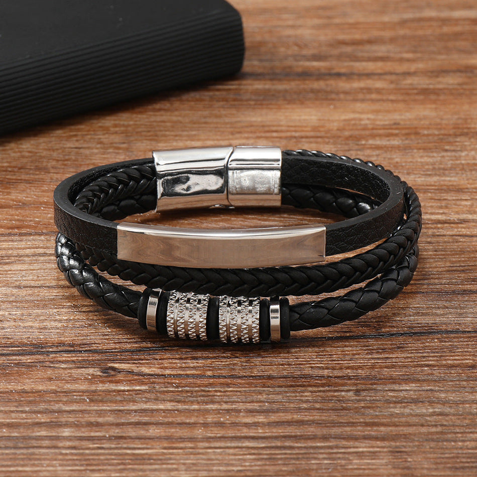 Men's Multi-Layer Leather Bracelet – Stainless Steel Titanium