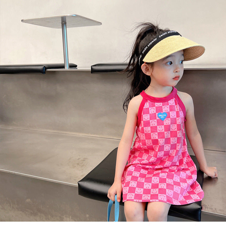 Girls’ Rose Red Beach Dress – Summer Korean Sling Style