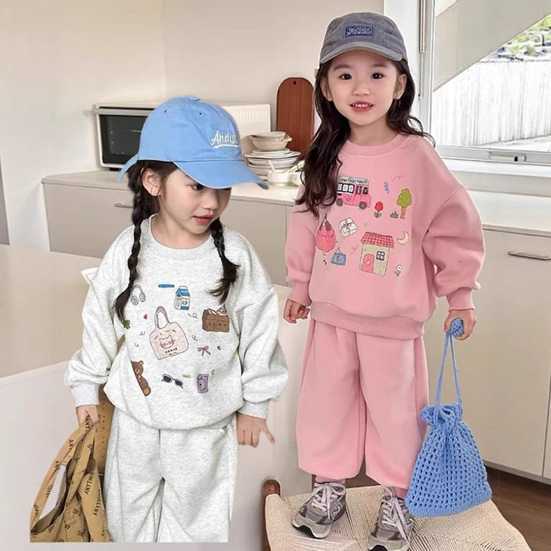Girls Cartoon Sweatshirt & Pants Sports Set 2025