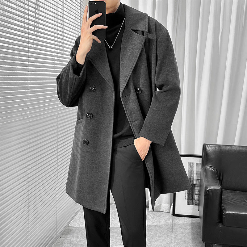 Men’s Korean Style Mid-Length Woolen Trench Coat Loose