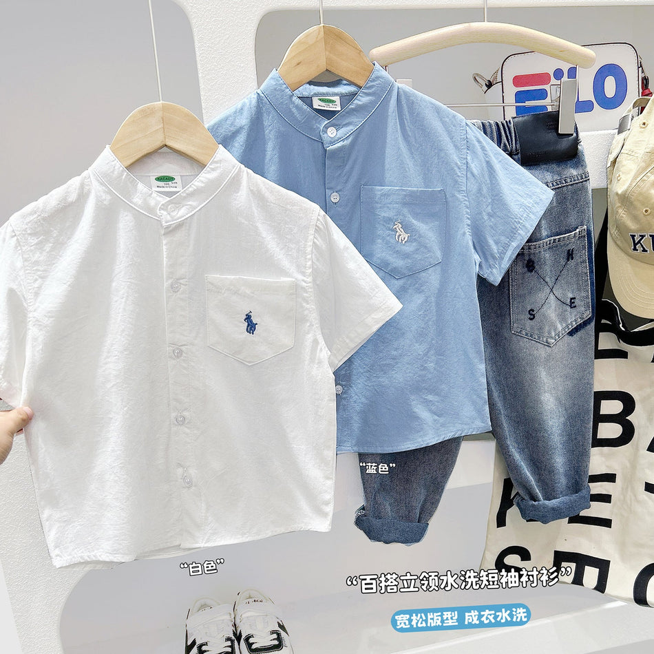 Boys Korean Style Stand Collar Solid Summer Shirt Top Kids!!