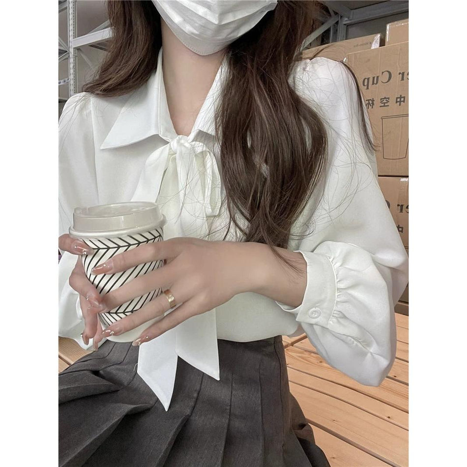 STOCK-French-Style Bowknot Blouse – Chic Long-Sleeve Top
