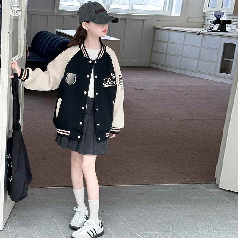 STOCK-Girls Contrast Color Baseball Jacket Kids Spring Coat