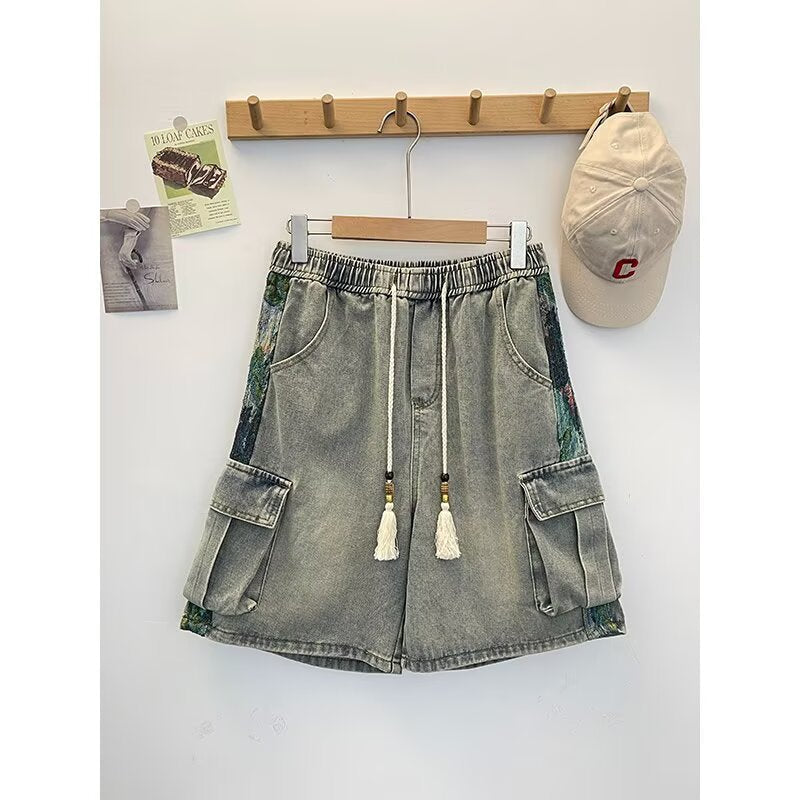 Chinese Style Multi-Pocket Denim Cargo Shorts