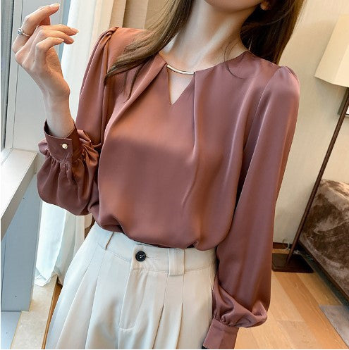 French V Neck Chiffon Shirt Long Sleeve Loose Casual
