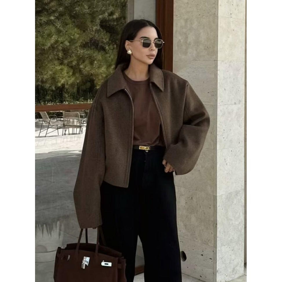 Wide Zipper Solid Color Woolen Coat for Women