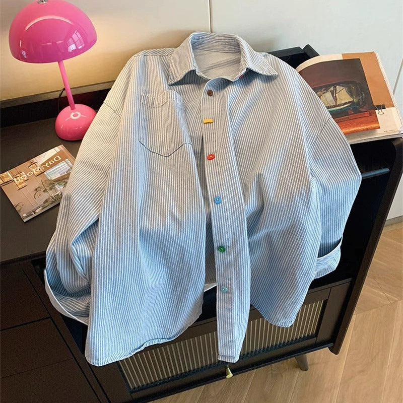 STOCK-Women's Retro Contrast Denim Stripe Shirt