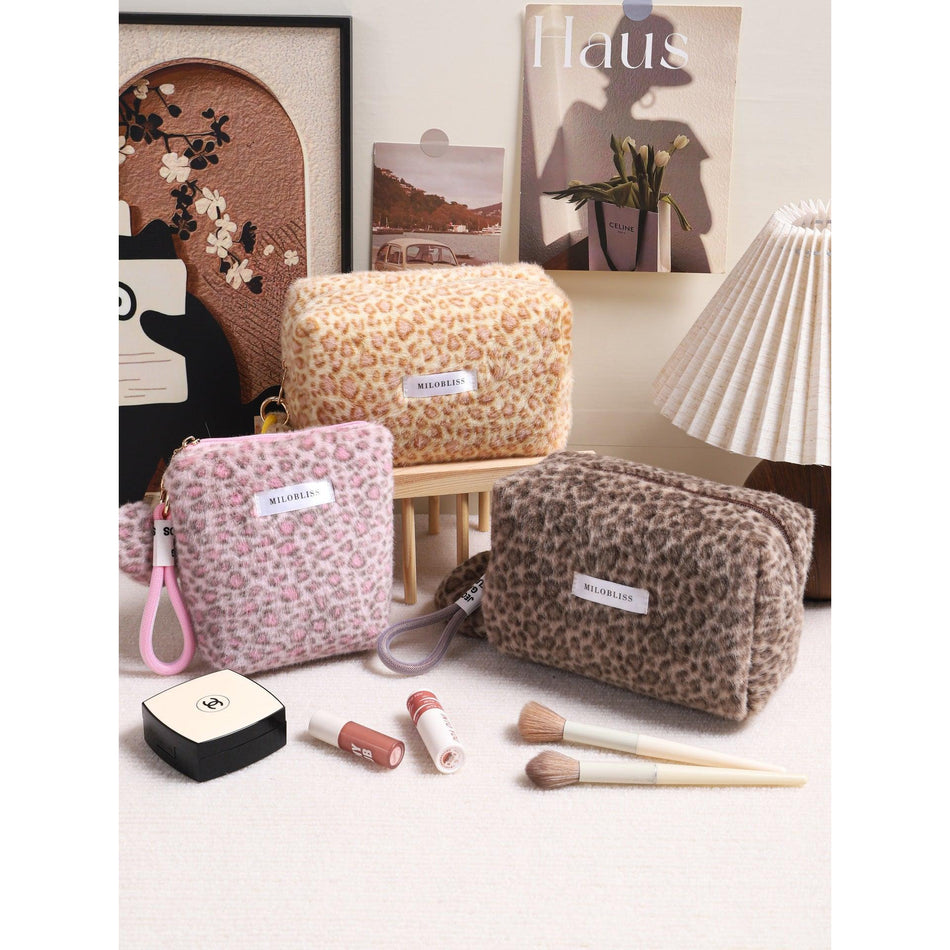 Leopard Print Plush Cosmetic Bag Portable Toiletry Tote