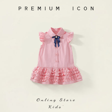 Girls Blue Bow Flying Sleeve Dress Summer 2025 – Summer Kids Fashion Nepal | Tudoholic