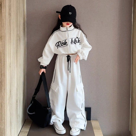 Girls Korean Striped Jacket Pants Set Spring Autumn 2026 – Sporty Kids Outfit Nepal | Tudoholic