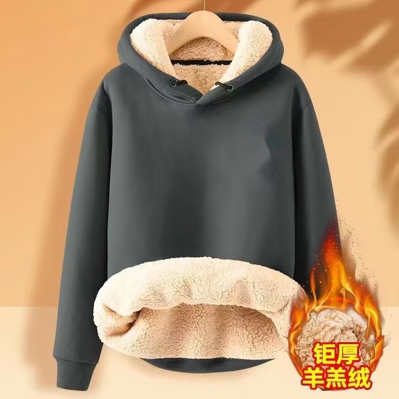 Men’s Lamb Fleece Hooded Pullover Thickened Warm Winter Tops
