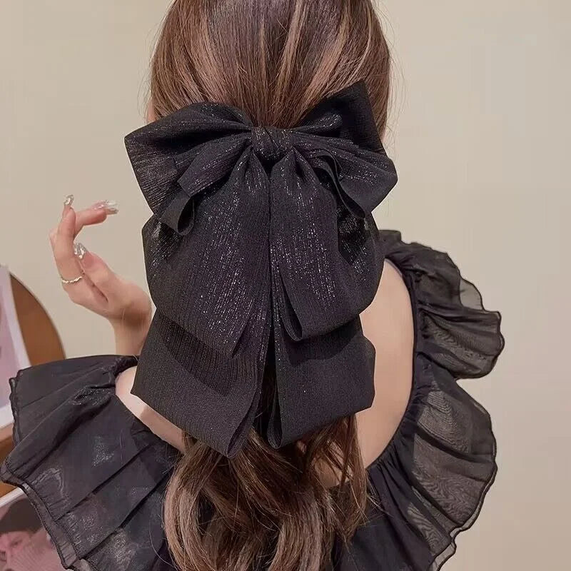 Elegant French Black Bow Hair Clip – Oversized Ribbon Style