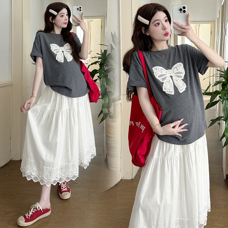 Bow Embroidered Cotton T-shirt & Skirt Set – Maternity Friendly