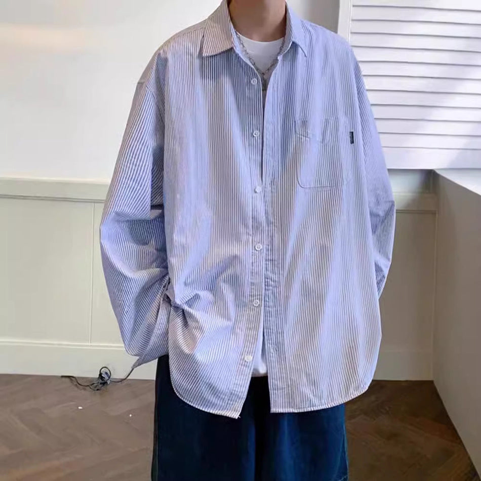 Men’s Japanese Style Striped Long Sleeve Shirt – Casual Trendy
