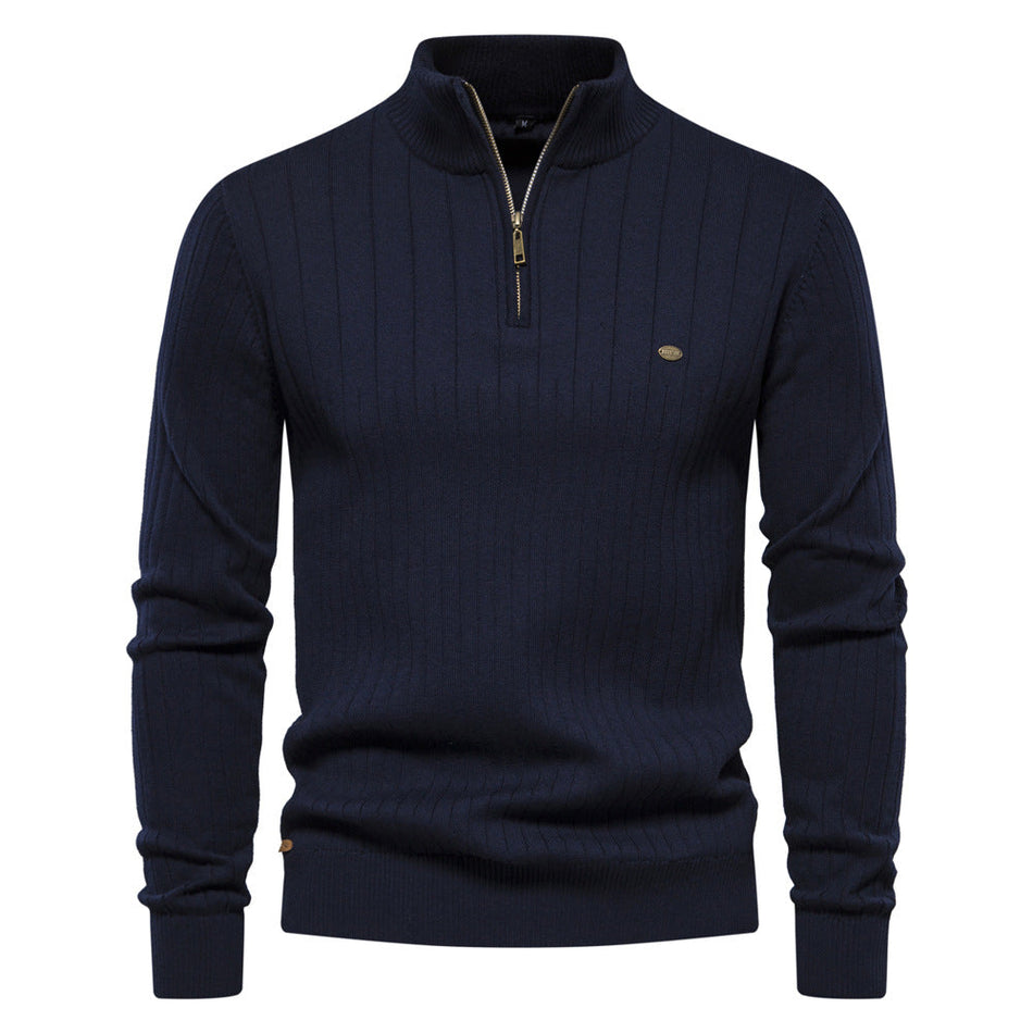 European Size Men's Half-Zipper Solid Color Sweater