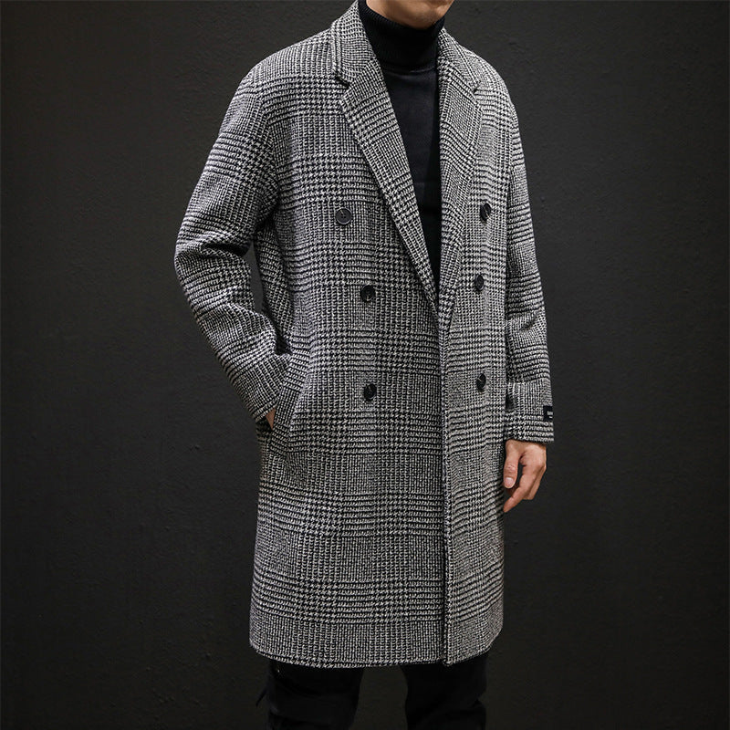 Men's Autumn-Winter Japanese Plaid Mid-Length Woolen Trench Coat