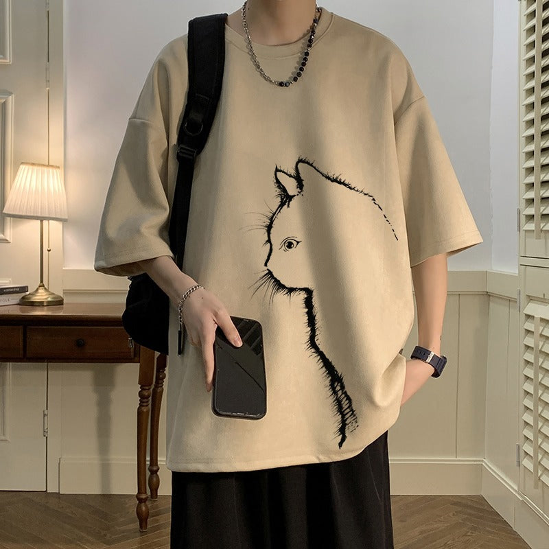 Cat Print Drop-Shoulder T-Shirt – Vintage Suede Casual Top