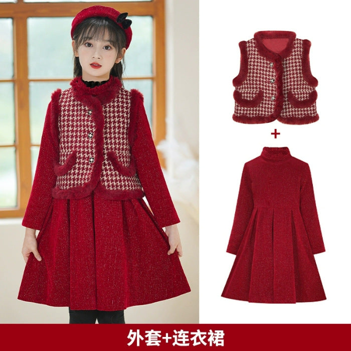 Girls Red Plaid Vest Dress Set – Winter Princess Outfit – Outfit Sets – Image 6
