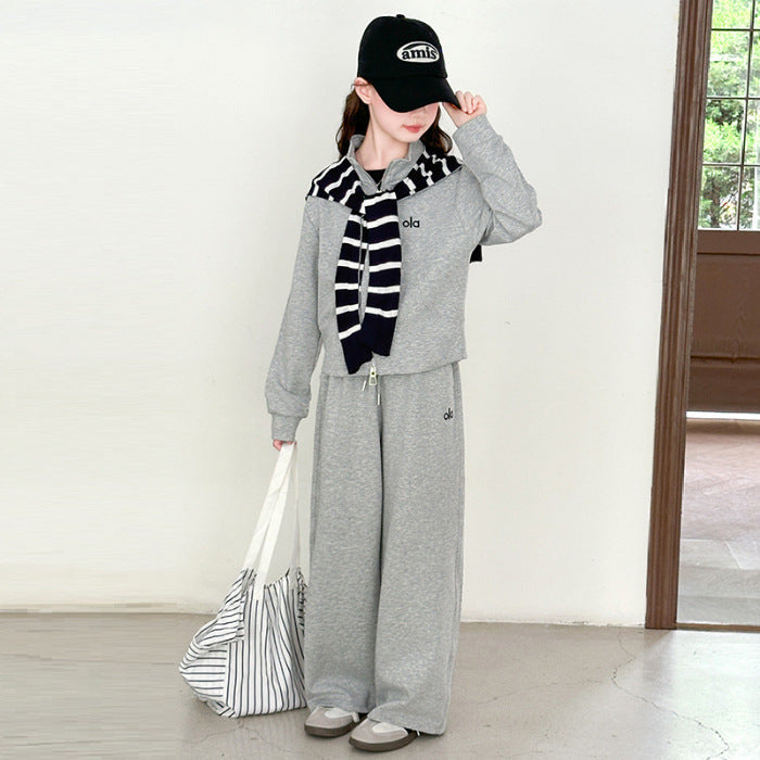 Girls' Autumn Letter Striped Shawl Set Korean Style Trendy Little Girl Zipper Shirt Casual Sports Two-Piece Set Trendy – S...