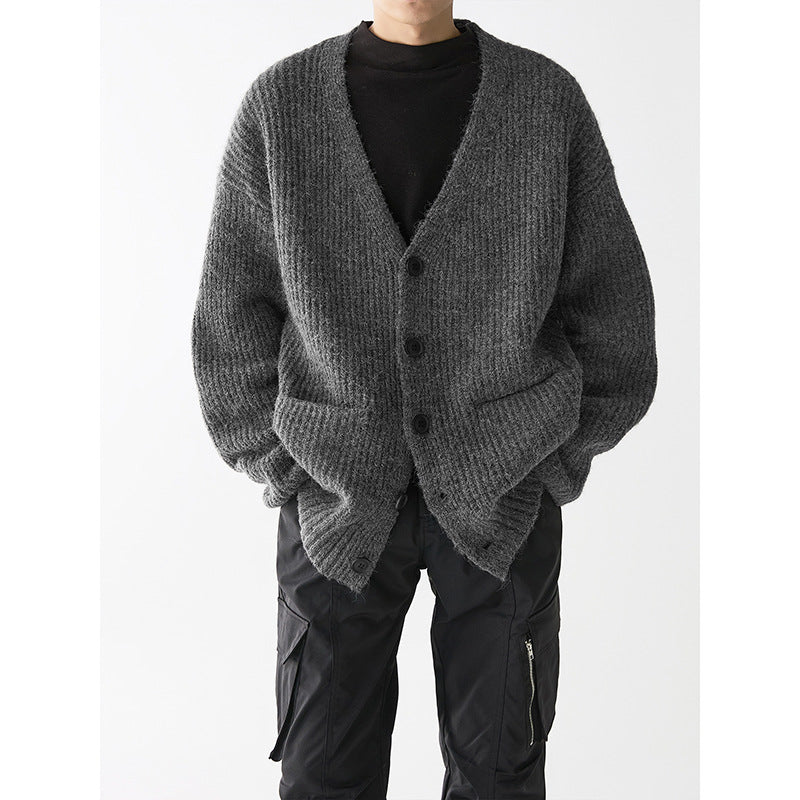 Men’s Retro V-Neck Cardigan Vertical Pattern Loose Sweater