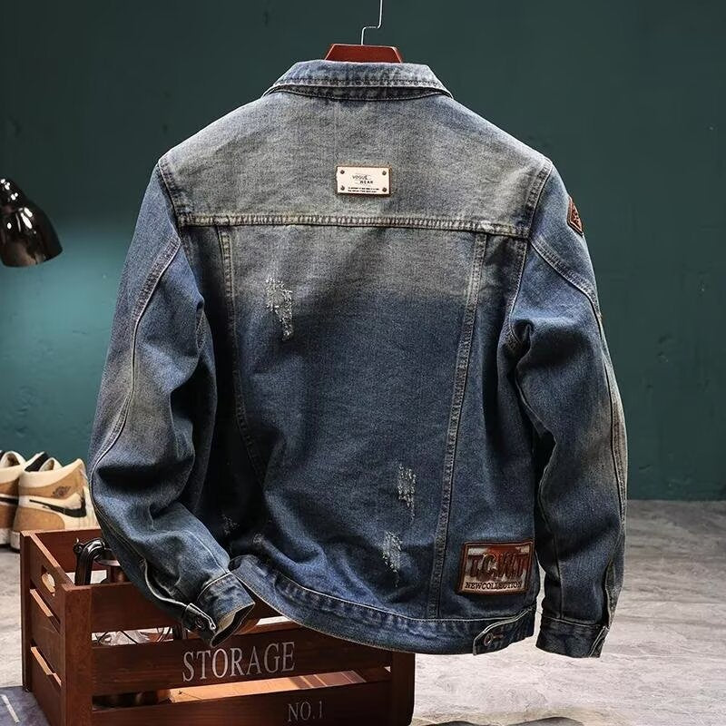 STOCK-Men's Embroidered Denim Jacket Spring Autumn Loose Coat