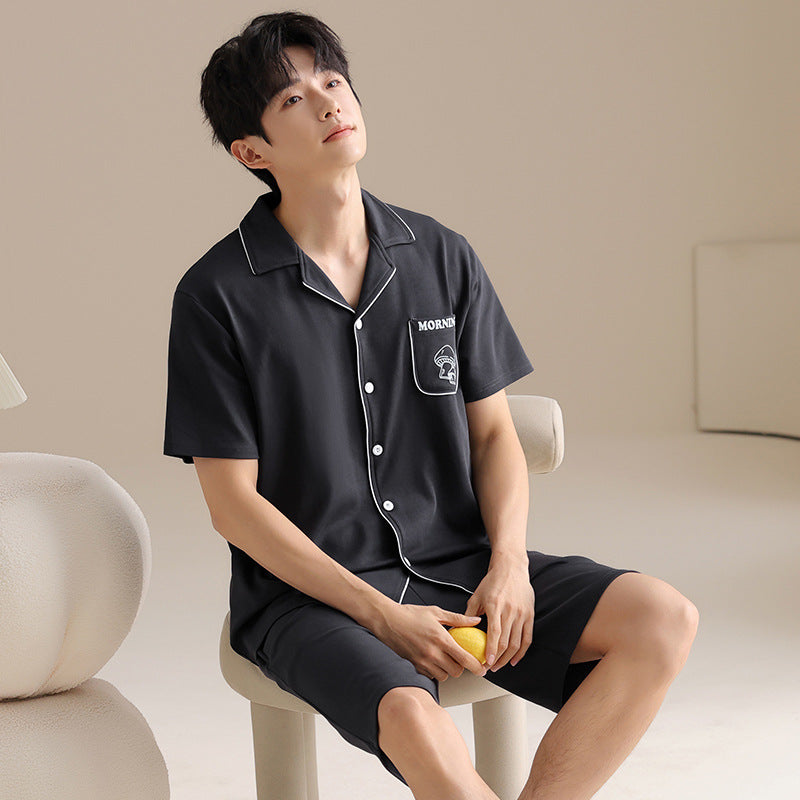 Men’s Pure Cotton Pajama Set Lapel Cardigan Short Sleeve Summer