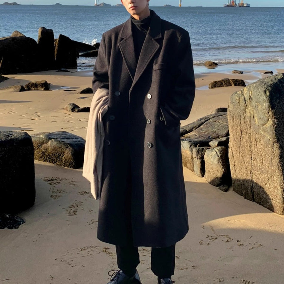 Men’s Woolen Mid-Length Coat Thickened Winter Trench Coat
