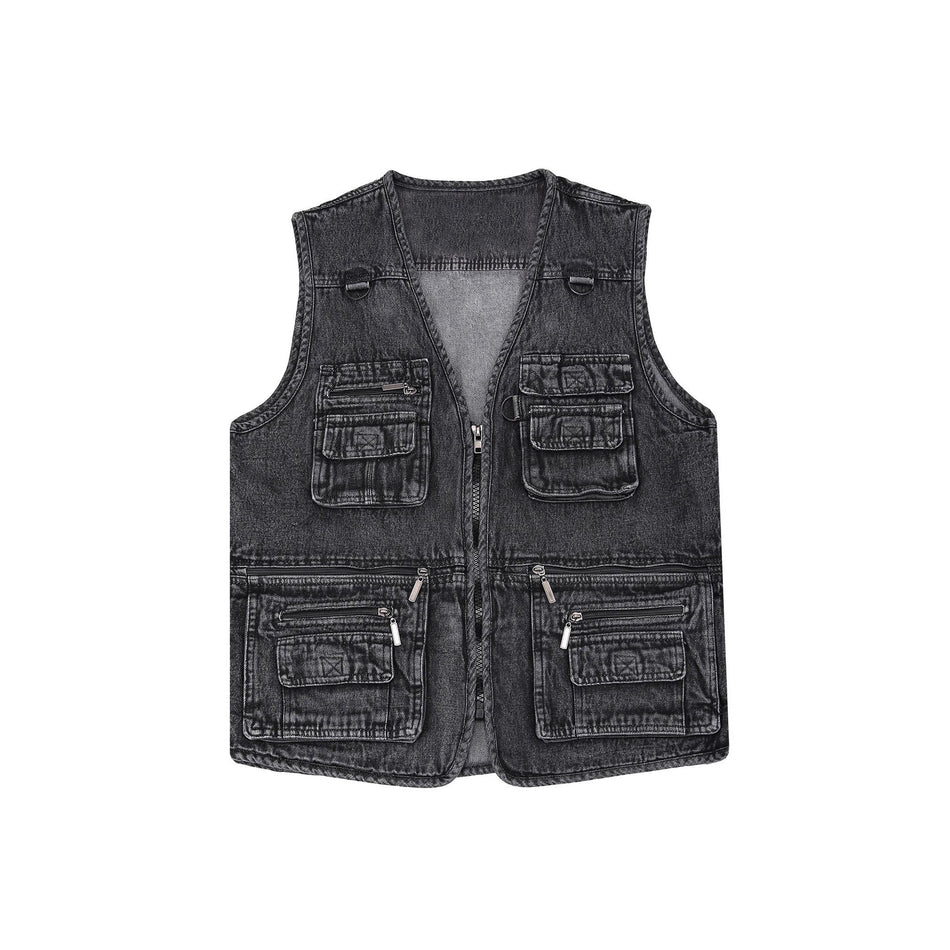 Men’s Outdoor Multi-Pocket Denim Vest – Casual Fishing Waistcoat