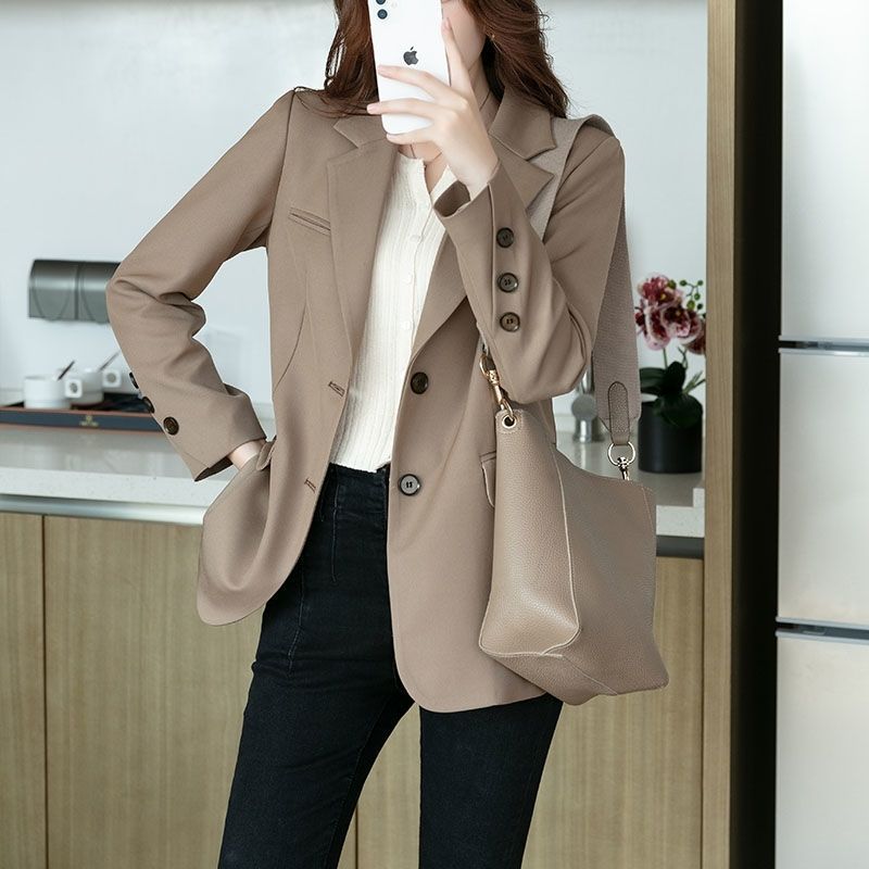 Khaki Korean Style Loose Casual Suit Jacket for Women