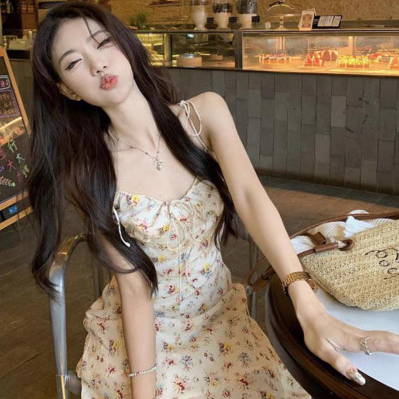 STOCK-French White Floral Suspender Summer Long Dress