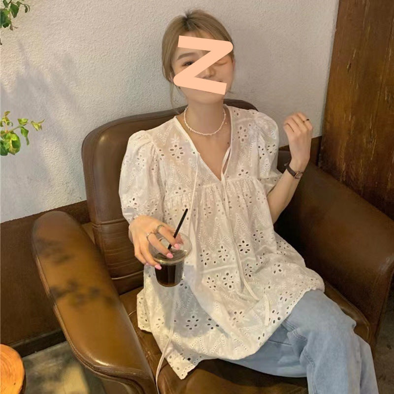 INSTOCK - French White Hollow Lace Top Summer Puff Sleeve Shirt
