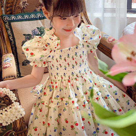 Girls Puff Sleeve Floral A-Line Dress Summer Fashion – Summer Kids Fashion Nepal | Tudoholic
