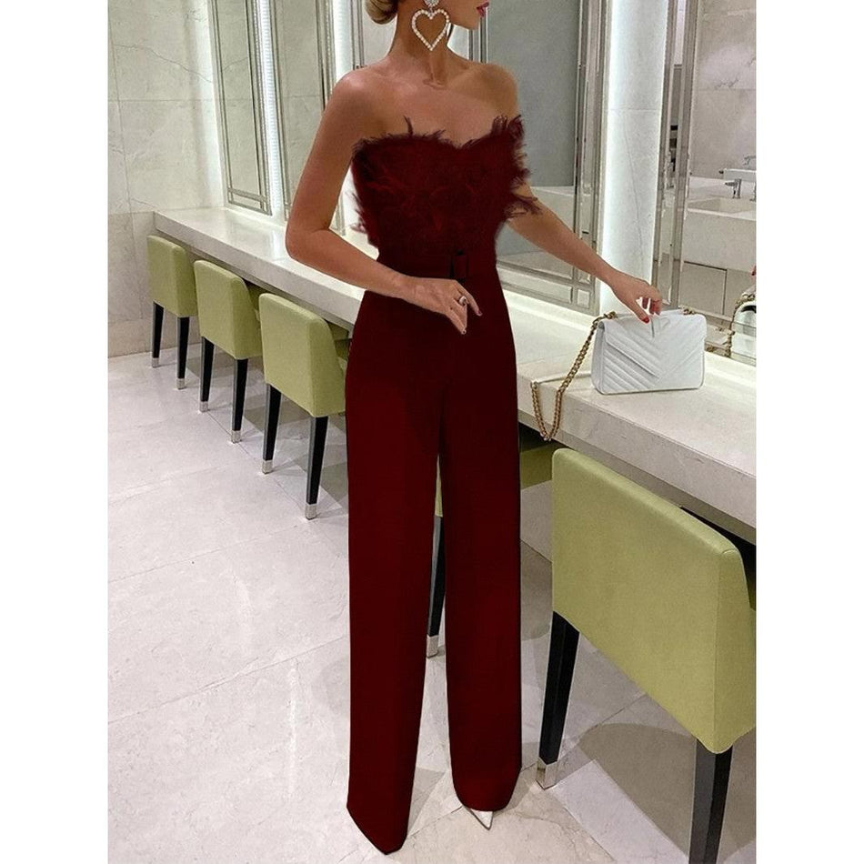 INSTOCK-Women’s Feather Tube Jumpsuit – Sexy Strapless Party