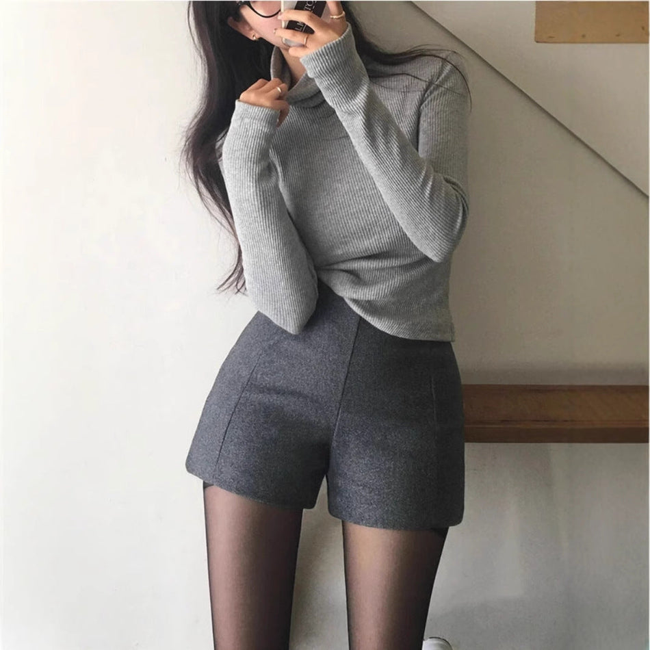 STOCK-Grey High Waist Woolen Shorts Slim Fit Winter Women