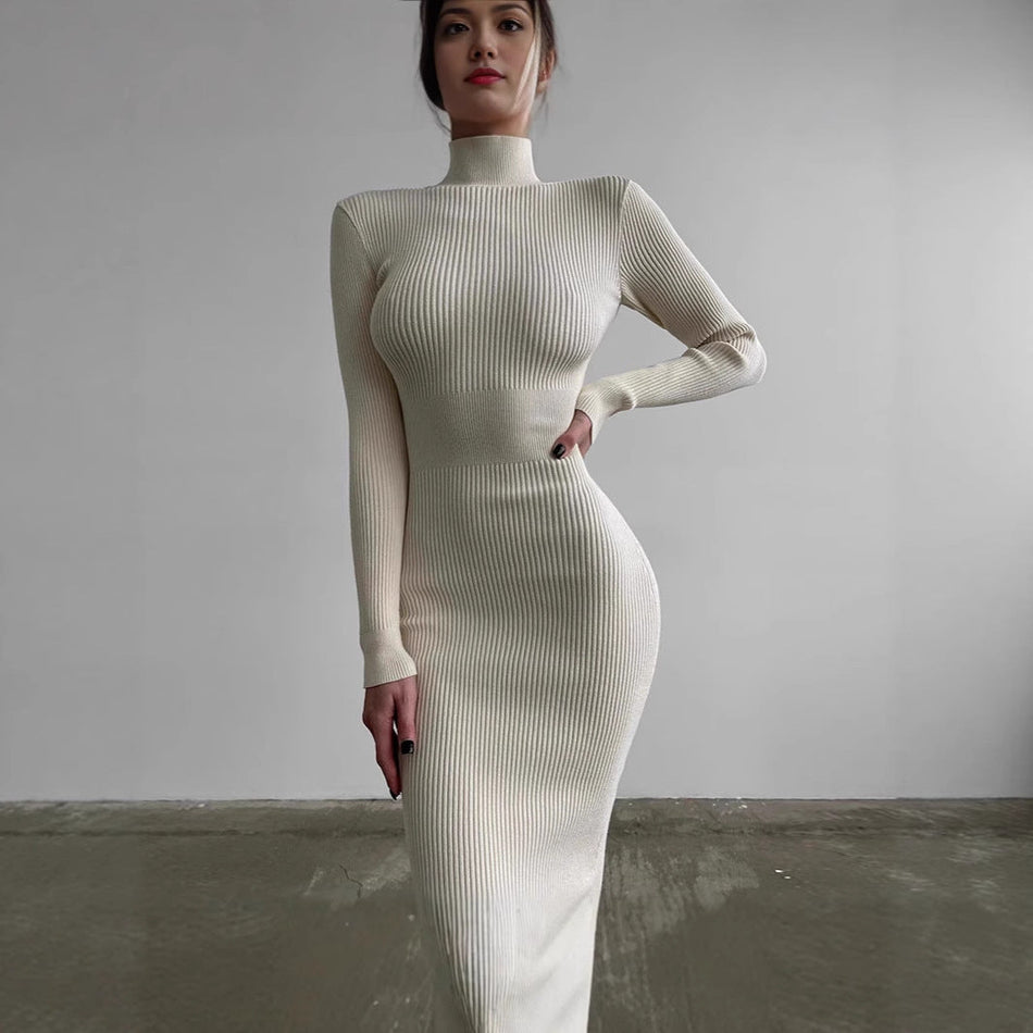 STOCK-Black Semi-High Collar Knitted Dress Mid-Length Women