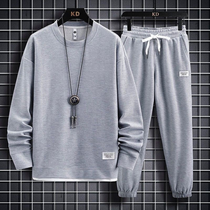 STOCK-Men's Autumn Waffkle Casual Sports Long-Sleeve Two-Piece Suit