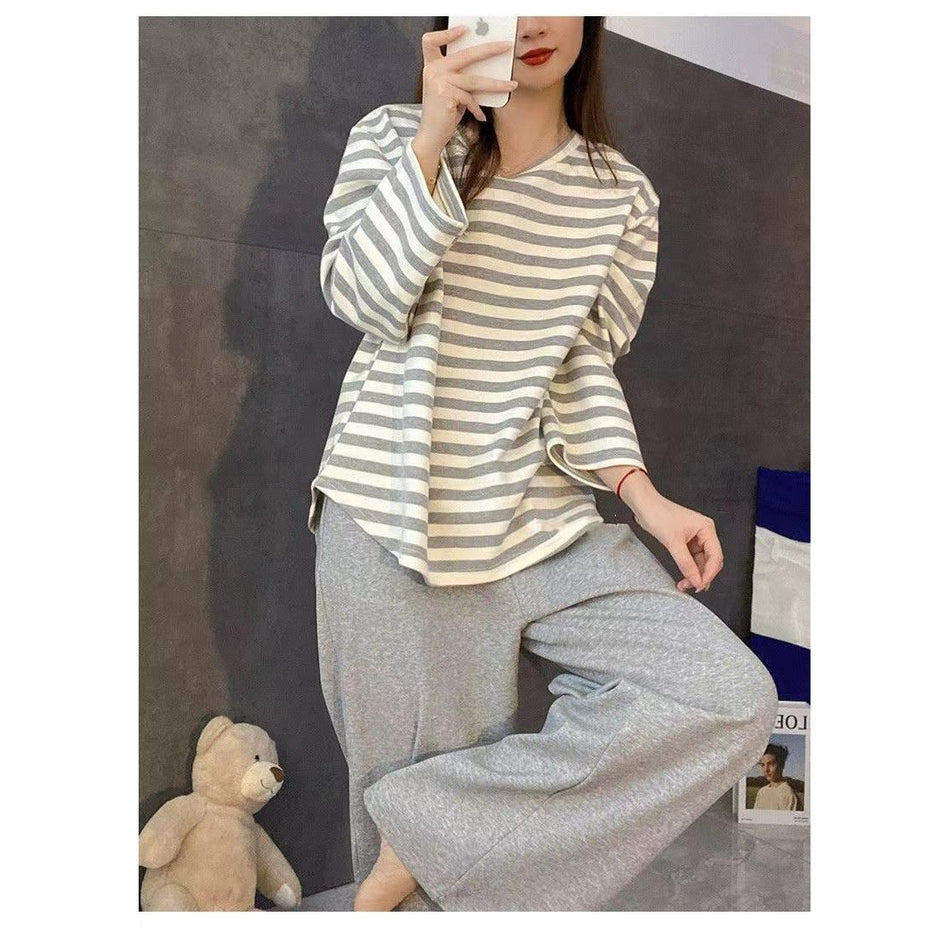 STOCK-Striped Pajama Set with Built-in Breast Pads – Spring/Fall