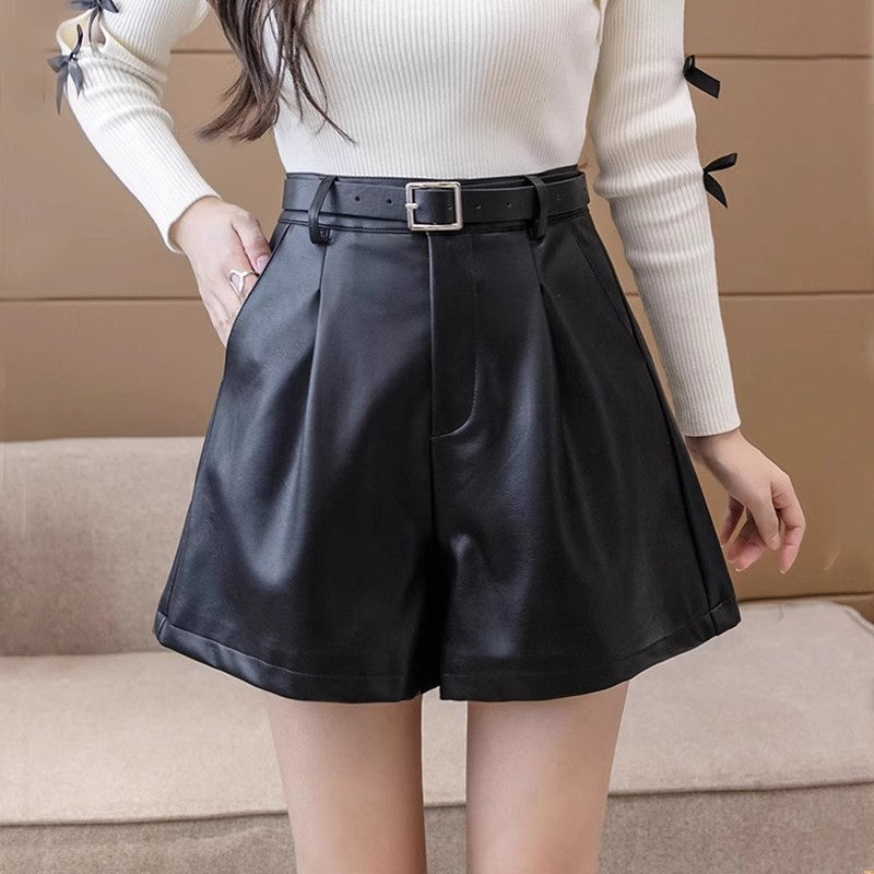 Black PU Leather High Waist Wide Leg Shorts Women