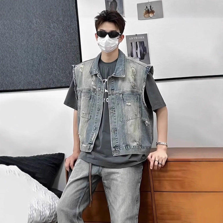 Men’s Retro Ripped Denim Vest – Washed Sleeveless Waistcoat