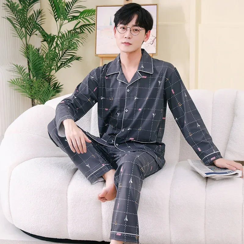 STOCK-Men’s Lapel Pajamas – Knitted Cotton Cardigan Home Suit
