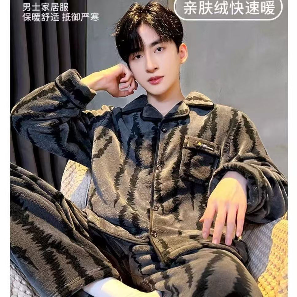 STOCK-Men’s Coral Velvet Pajamas Warm Winter Outwear Set