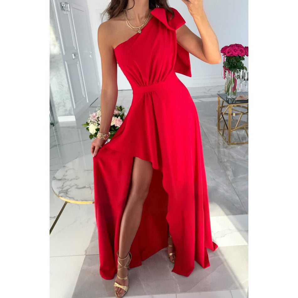 Slant Shoulder Bow Split Dress - 2026 "INS" Asymmetric Summer