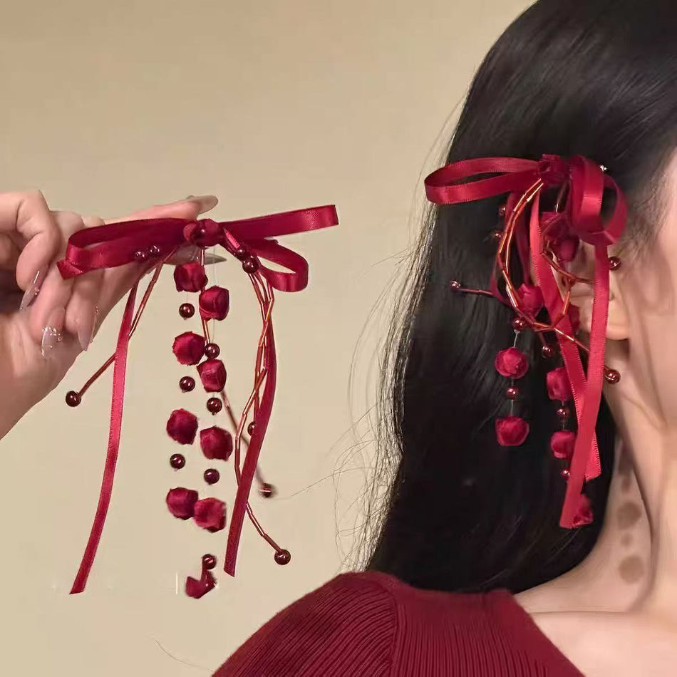 Red Knot Flower Chinoiserie Bow Hairpin